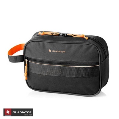 Bolsa preta com detalhes em laranja e logo GLADIATOR