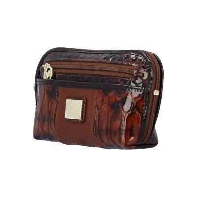 Carteira pequena castanha com padrão de pele de crocodilo e placa dourada quadrada