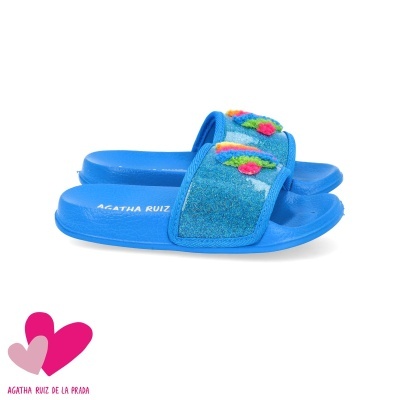 Chinelos desportivos azuis com flores coloridas 3D e logo Agatha Ruiz de la Prada