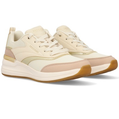 Ténis Skechers em tons bege, rosa claro e dourado com sola branca.