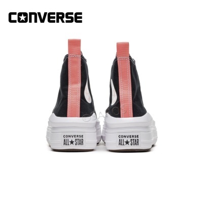 Par de sapatilhas Converse All Star pretas com sola branca e fita rosa, vista traseira