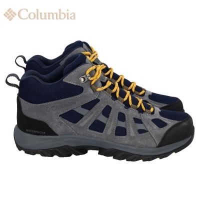 Botas Columbia caminhada cinza e azul escuro com atacadores amarelos