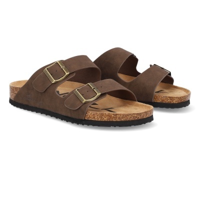 Sandálias castanhas com duas fivelas metálicas douradas e sola preta