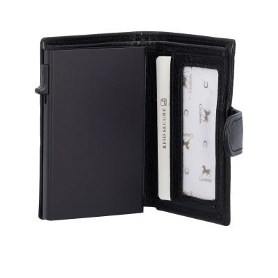 Carteira preta em pele com compartimentos para cartões