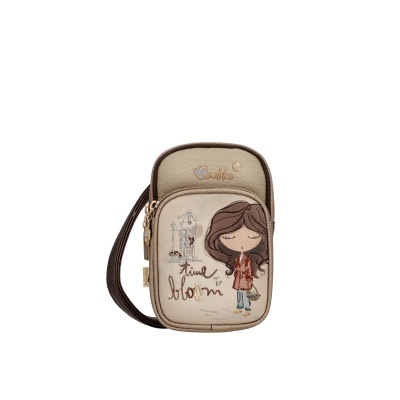 Bolsa pequena bege com ilustração de menina e frase time to bloom