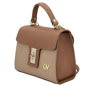 Mala de mão castanha e bege em pele sintética com fecho dourado e alça superior