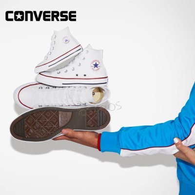 Três sapatilhas Converse brancas apoiadas numa mão com braço vestido de casaco azul