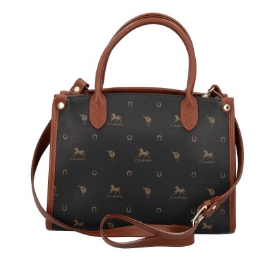 Mala de mão preta com padrão castanho Cavalinho e alças castanhas.