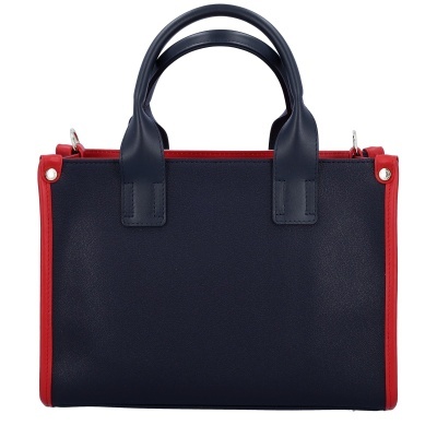 Mala de mão azul escuro com detalhes vermelhos e alças pequenas