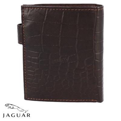Carteira masculina em couro castanho escuro com textura de pele de crocodilo e costura castanha