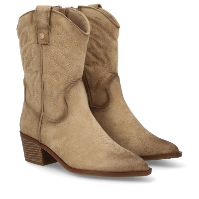 Botas cowboy camel de camurça com salto em bloco e costura decorativa.