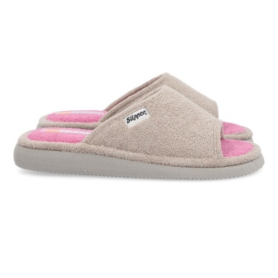Chinelos de quarto cor de bege com interior rosa e sola cinza