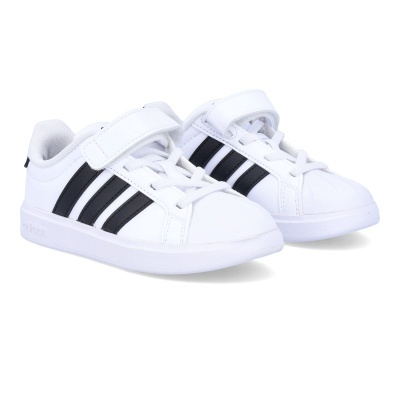Sapatilhas infantis adidas brancas com riscas pretas e fecho de velcro