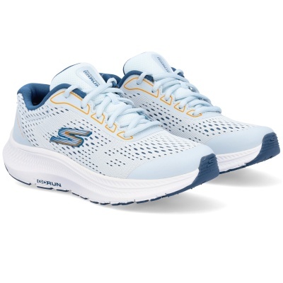Par de ténis de corrida Skechers branco e azul com detalhes amarelos