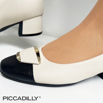 Sapato de senhora branco e preto com salto baixo e detalhe dourado, marca Piccadilly