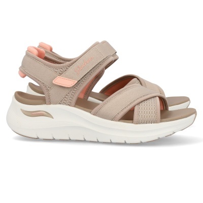 Sandálias Skechers beges e rosas com sola branca