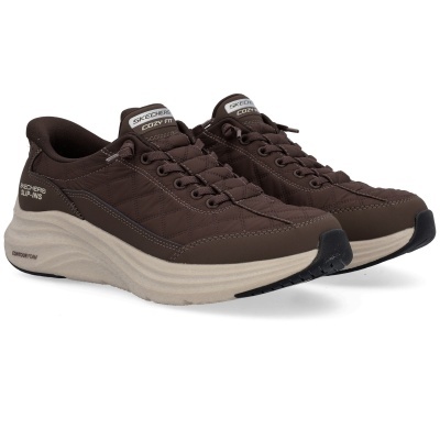 Ténis castanhos SKECHERS com detalhes bege em fundo branco