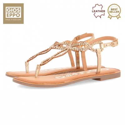 Sandálias de senhora em couro castanho claro com detalhes dourados