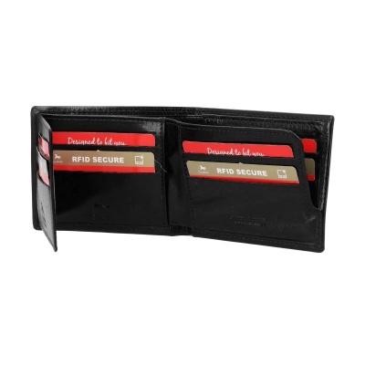 Carteira preta de couro com etiquetas RFID SECURE e múltiplos compartimentos para cartões