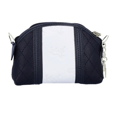 Carteira pequena azul escuro e branca com relevo de cavalos e fecho zipper