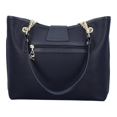 Mala de mão azul escuro com alças em corrente e zíper frontal