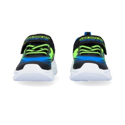 Ténis infantis Skechers azul, verde fluorescente, preto e branco com fecho velcro.