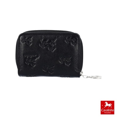Carteira preta em pele com padrão de cavalos em relevo e fecho metálico