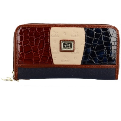 Carteira Cavalinho com padrão relevo pele croco vermelho e azul e parte central creme com relevo e logo