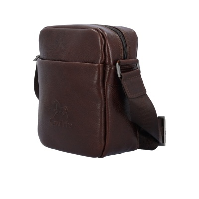 Mala pequena de couro castanho escuro com alça ajustável e fecho de correr