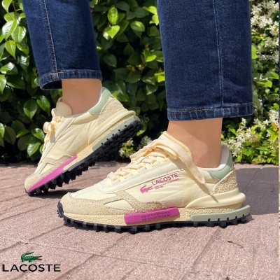 Ténis Lacoste creme com detalhes em rosa e verde claro