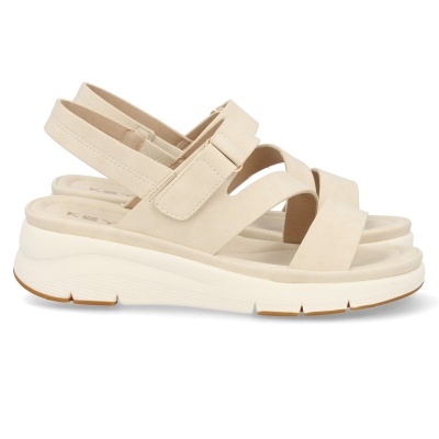 Sandálias bege claro com sola branca espessa e tiras largas de velcro