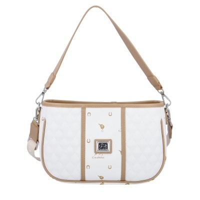 Mala de ombro Cavalinho branca com detalhes beges e padrão de ferraduras.