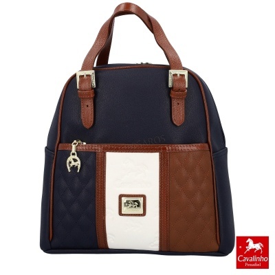 Mala de senhora Cavalinho azul escuro, castanho e branco com textura acolchoada e alças castanhas