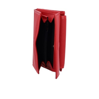 Carteira vermelha em couro sintético com interior negro e fecho