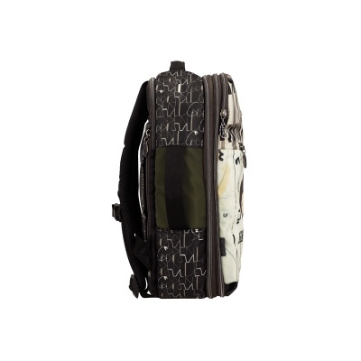 mochila com padrão abstrato preto, branco e verde com fechos metálicos
