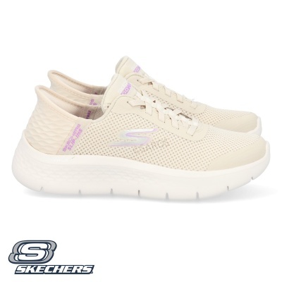 Ténis Skechers bege claro com sola branca e detalhes lilás