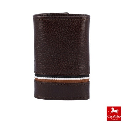 Carteira de couro castanho escuro com riscas horizontais coloridas