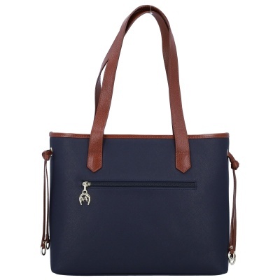 Mala de senhora azul escura com alças castanhas