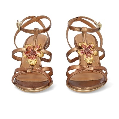 Sandálias femininas bronze com flor decorativa dourada