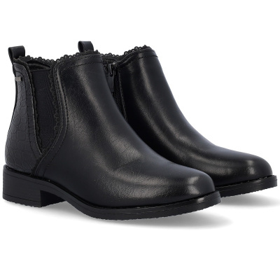 Botas pretas femininas em couro com textura traseira e renda nas bordas