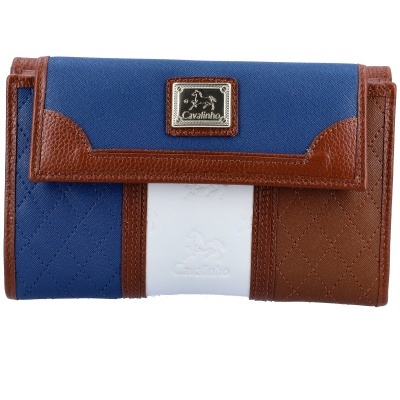 Carteira azul, branca e castanha com placa metálica Cavalinho