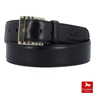 Cinto preto de couro com fivela decorada e logótipo Cavalinho