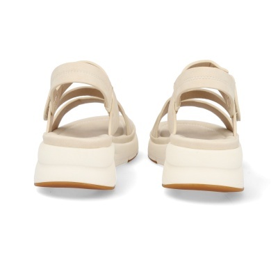 Sandálias femininas bege com sola branca vistas de trás