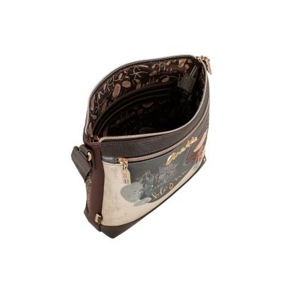 Mala de ombro feminina castanha, bege e azul com fecho dourado e interior estampado