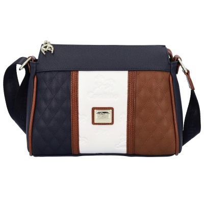 Mala de ombro tricolor azul, branca e castanha com textura matelassé e fecho superior