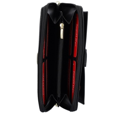 Carteira preta com fecho de correr dourado e interior vermelho com texto