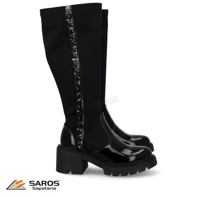 Botas altas pretas femininas com salto grosso e faixa brilhante lateral
