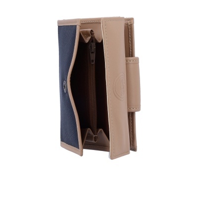 Carteira bicolor azul escuro e bege com fecho e compartimento interior
