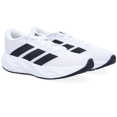 Sapatilhas desportivas brancas com riscas pretas e solado branco e preto.