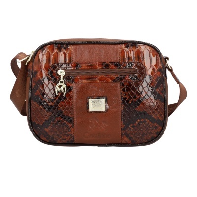 Mala de ombro castanha com padrão pele de cobra e alça ajustável